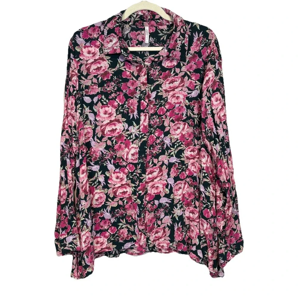 Passports Button‎ Down Blouse Large Pink Black Floral Print Long Sleeve Shirt